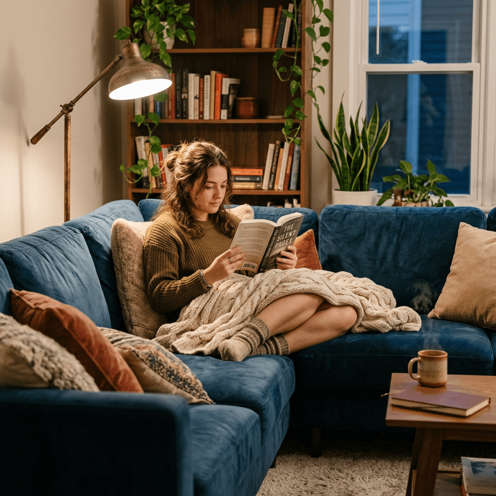 Woman sitting on a blue couch reading a book titled The Silent Pages wrapped in a knitted blanket