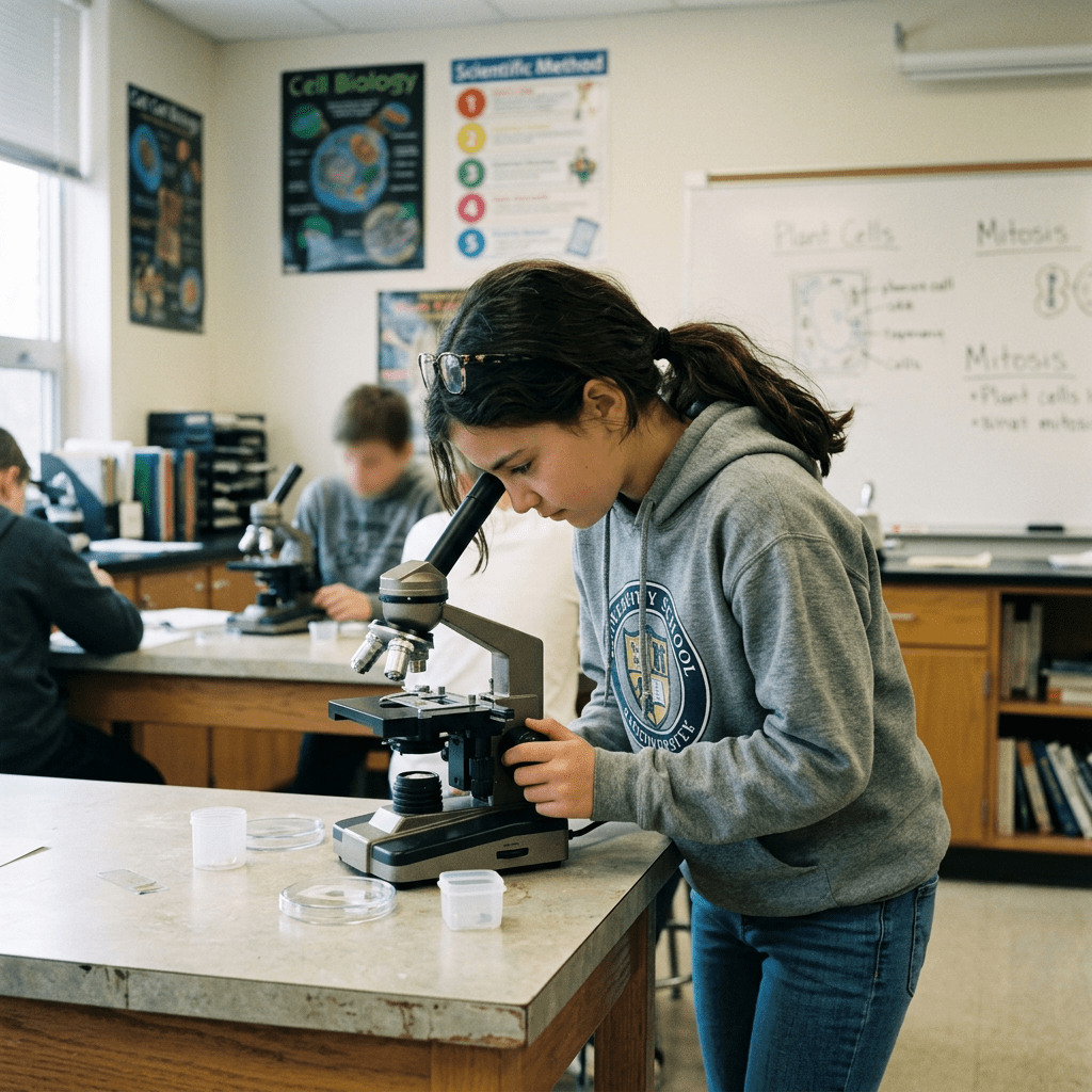 Student using a microscope in a science classroom