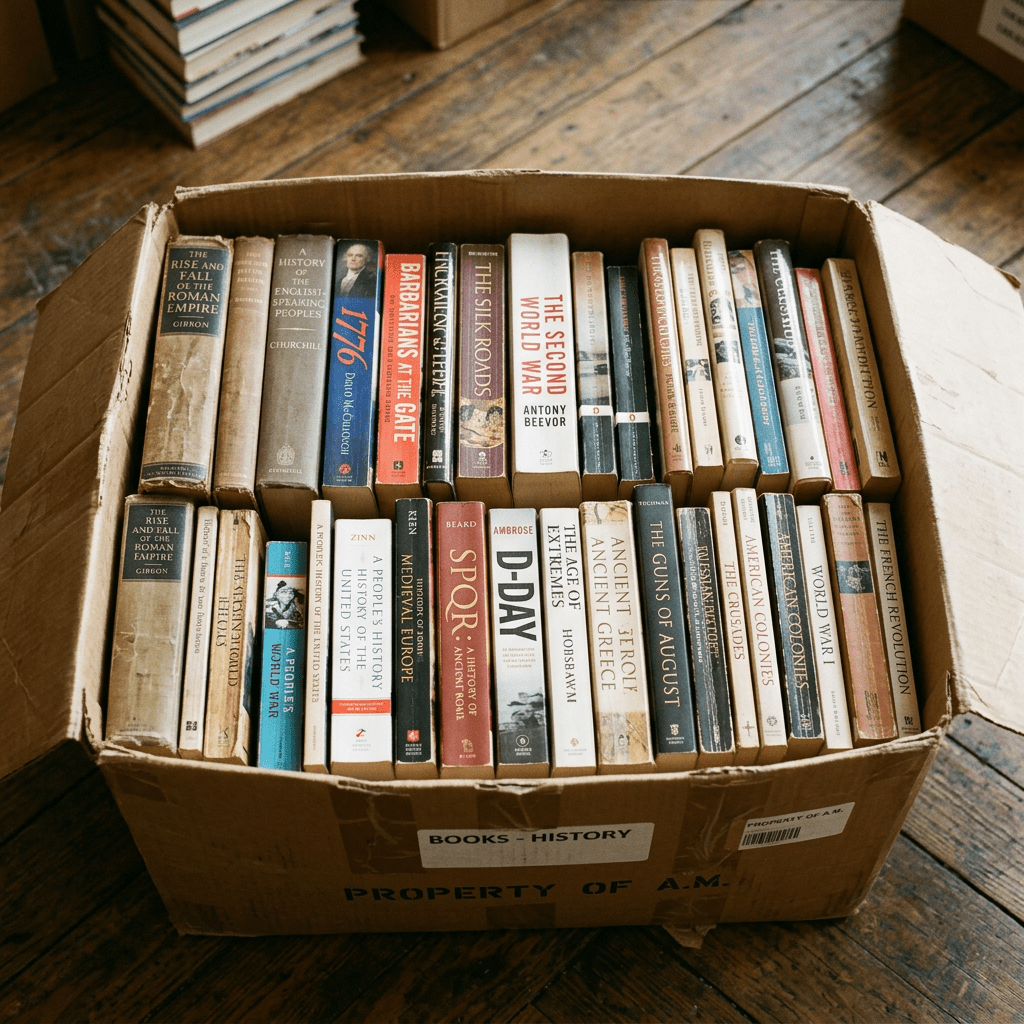 Cardboard box labeled 'Books - History' filled with various history books